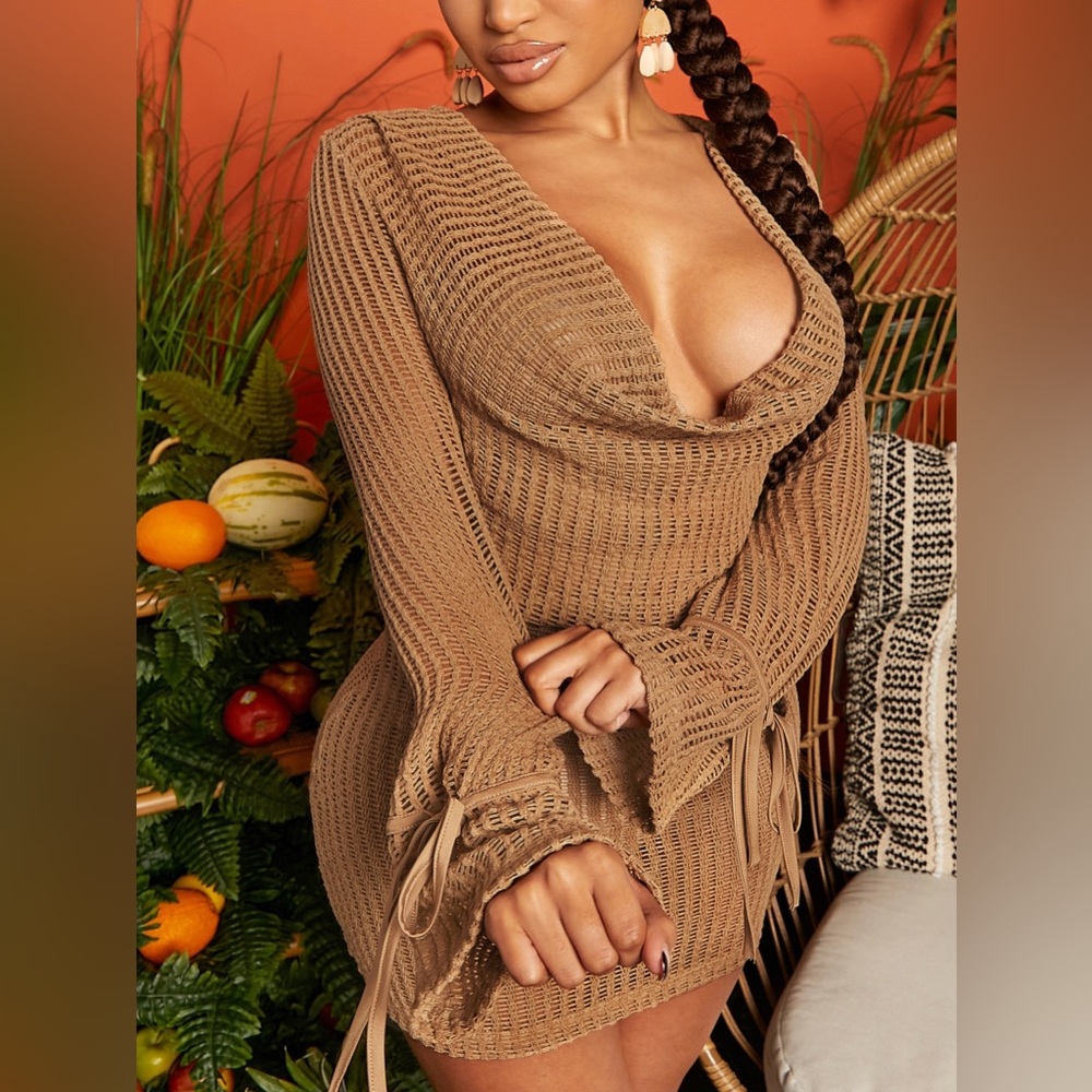 Khaki Knitted Drape Collar Backless Bodycon Dress🔥